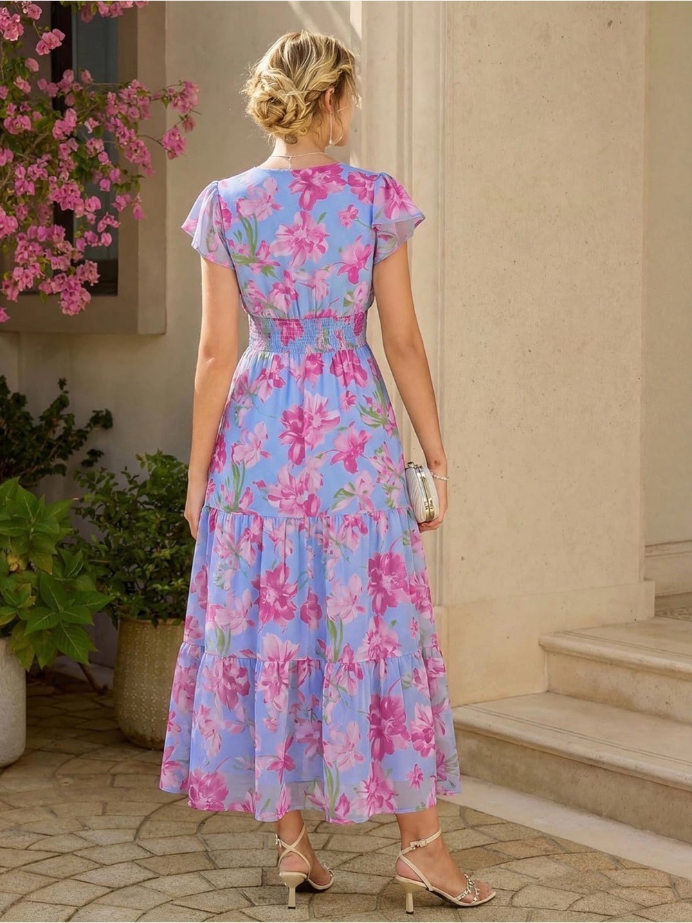 GRACE KARIN Light Blue Floral Ruffle Sleeve Maxi Dress Small - Picture 3 of 5